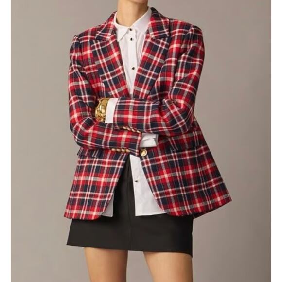 NEW J.Crew Collection Blazer Jacket Italian Plaid Holiday Preppy Red Navy US 2 - Picture 3 of 14